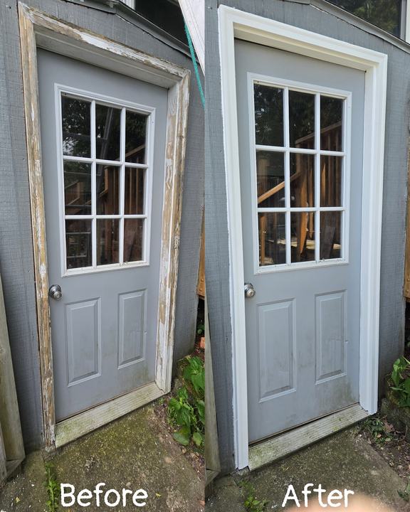 Rotted, peeling door trim repaired and repainted