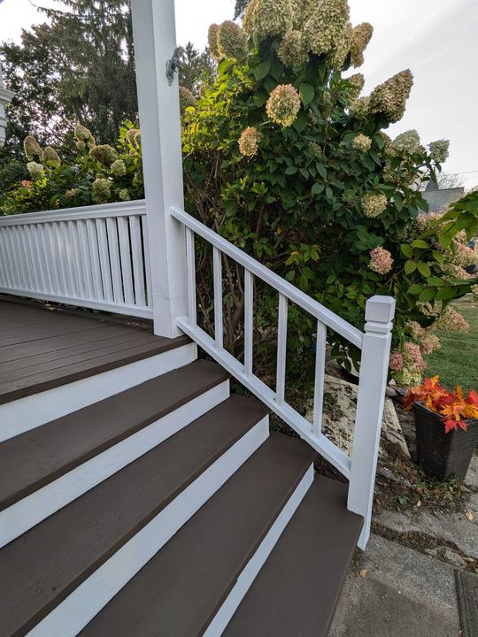 Two-tone porch stairs: dark treads, white rails