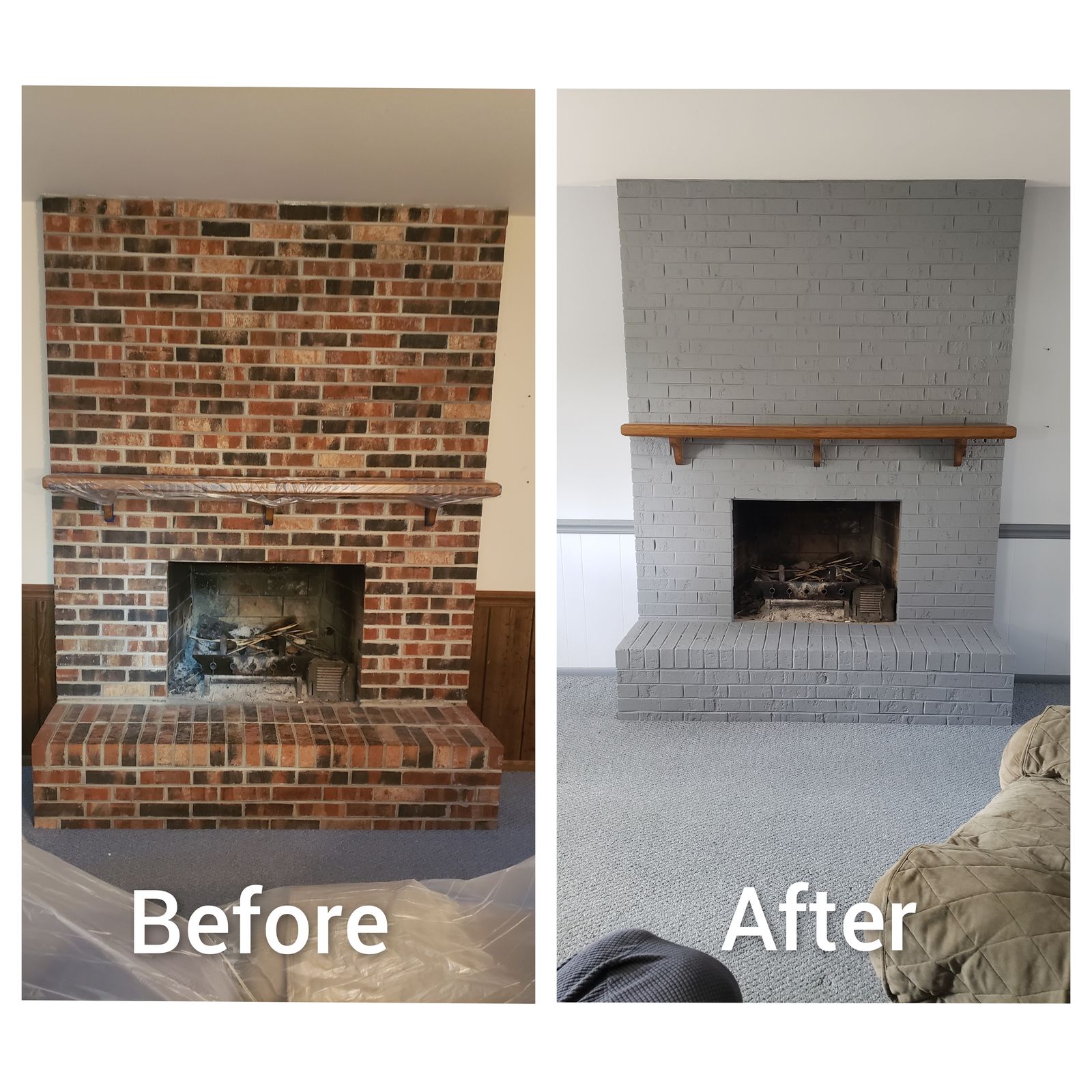 Brick fireplace painted a soft gray, with wood paneling painted white